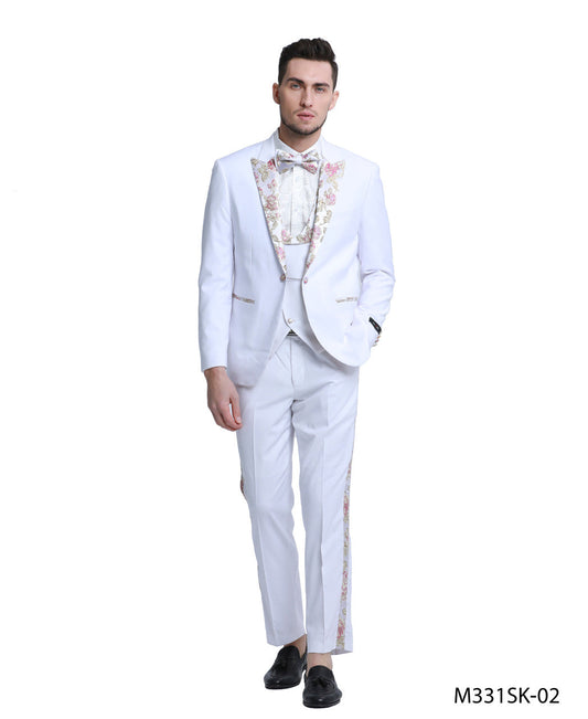 White Floral Satin Peak lapel 3 Piece Skinny Fit Tazzio Men's Suit With Matching Bowtie