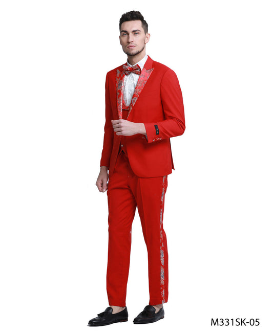 Red Floral Satin Peak lapel 3 Piece Skinny Fit Tazzio Men's Suit With Matching Bowtie