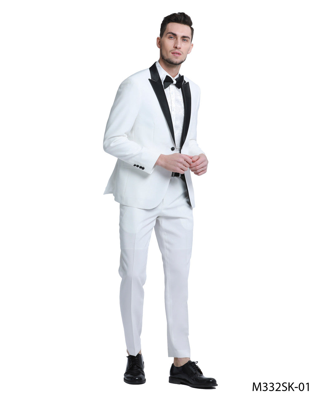 White/Black Satin Peak lapel 3 Piece Skinny Fit Tazzio Men's Suit With Bowtie