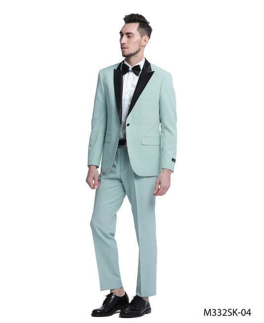 Mint/Black Satin Peak lapel 3 Piece Skinny Fit Tazzio Men's Suit With Bowtie