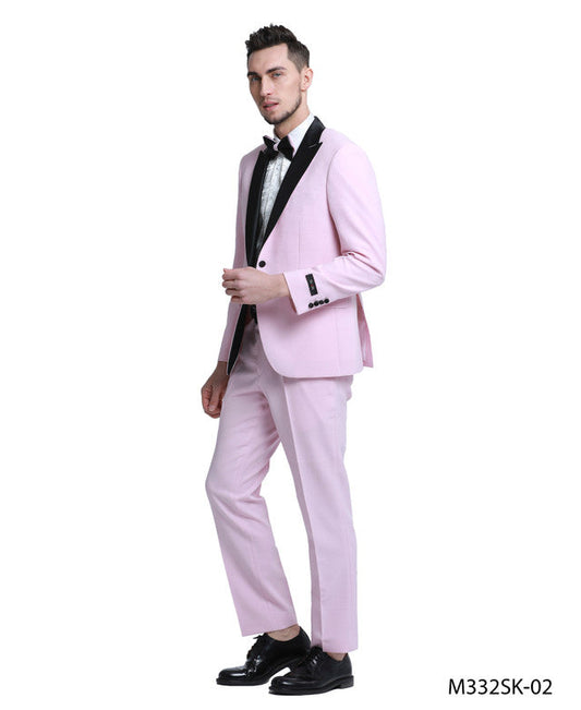 Pink/Black Satin Peak lapel 3 Piece Skinny Fit Tazzio Men's Suit With Bowtie