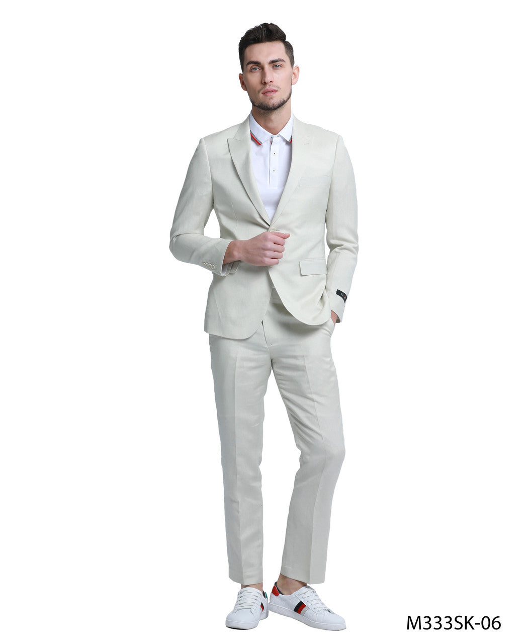 Ivory Linen Peak lapel 2 Piece Skinny Fit Tazzio Men's Suit