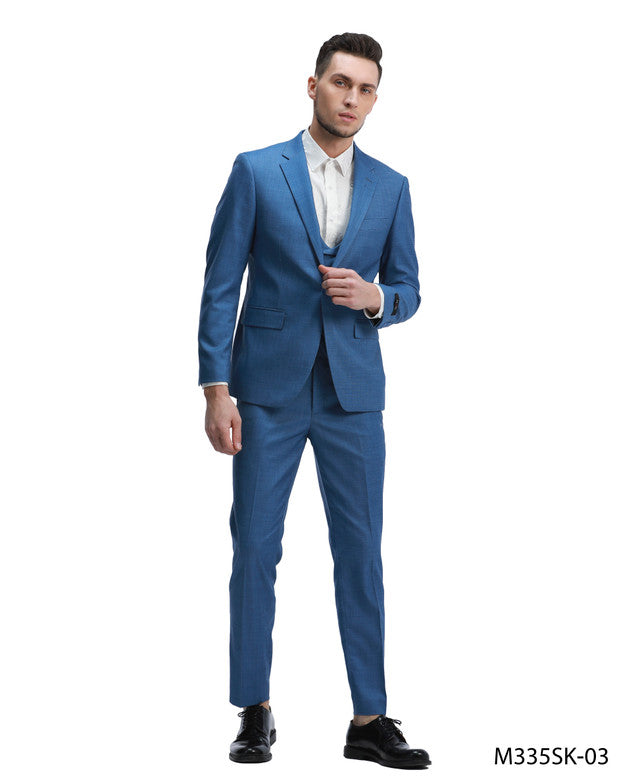 Blue Linen Sharkskin Notch Lapel 3 Piece Hybrid Fit Tazzio Men's Suit