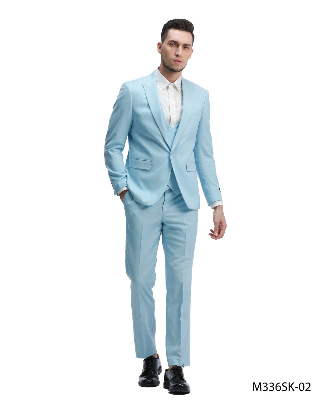 Baby Blue Peak Lapel 3 Piece Double Breasted Vest Skinny Fit Tazzio Men's Suit