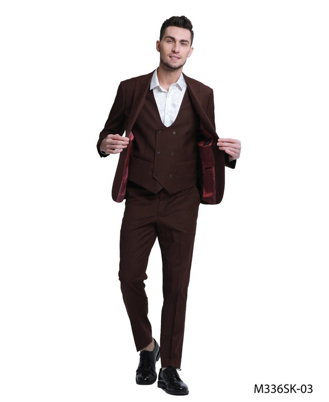 Brown Peak Lapel 3 Piece Double Breasted Vest Skinny Fit Tazzio Men's Suit