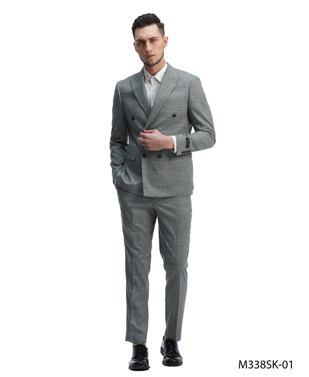 Mint Pinstriped/Sharkskin Double Breasted Peak Lapel 2 Piece Skinny Fit Tazzio Men's Suit