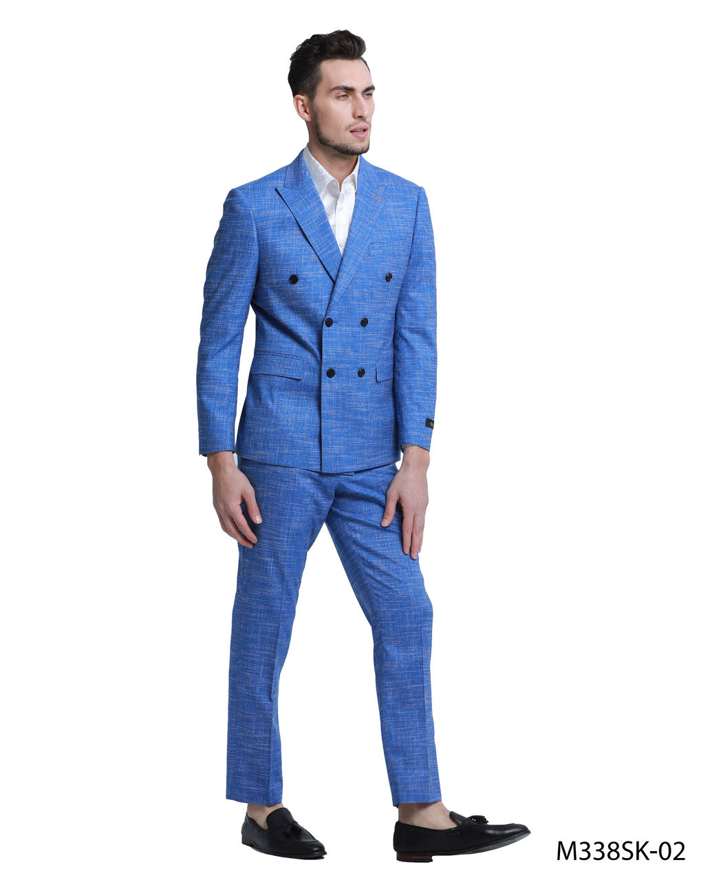 Blue Pinstriped Sharkskin Double Breasted Peak Lapel 2 Piece Skinny Fit Tazzio Men's Suit