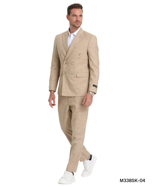 Khaki Pinstriped Sharkskin Double Breasted Peak Lapel 2 Piece Skinny Fit Tazzio Men's Suit