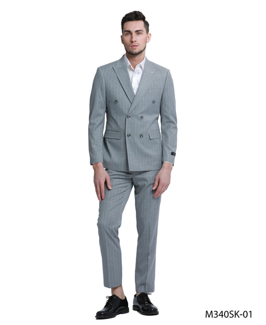 Grey Pinstriped Double Breasted Peak Lapel 2 Piece Skinny Fit Tazzio Men's Suit