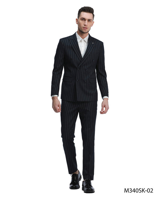 Navy Pinstriped Double Breasted Peak Lapel 2 Piece Skinny Fit Tazzio Men's Suit