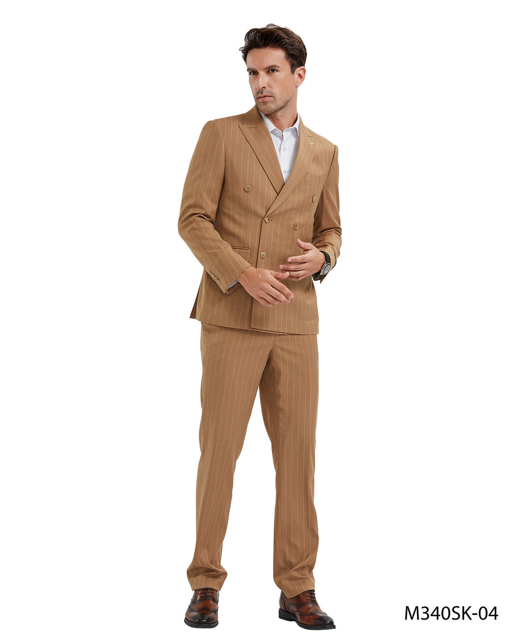 Camel Pinstriped Double Breasted Peak Lapel 2 Piece Skinny Fit Tazzio Men's Suit