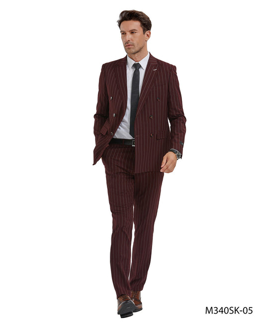 Burgundy Pinstriped Double Breasted Peak Lapel 2 Piece Skinny Fit Tazzio Men's Suit