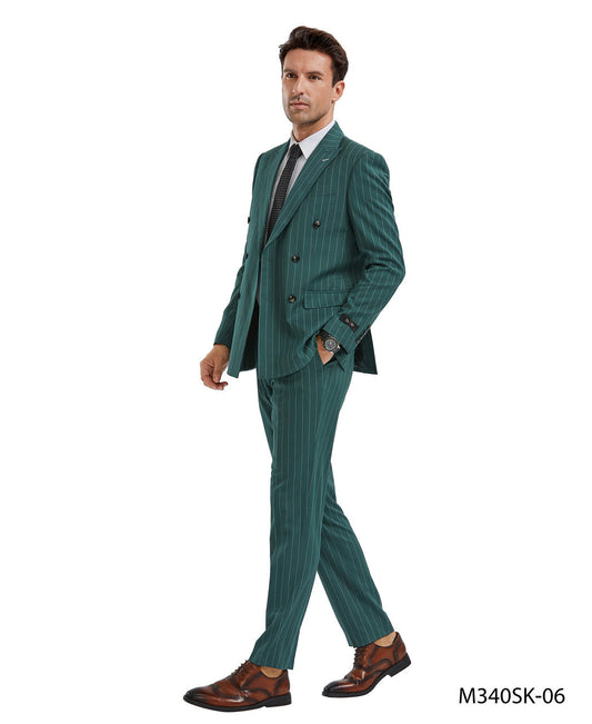 Hunter Pinstriped Double Breasted Peak Lapel 2 Piece Skinny Fit Tazzio Men's Suit