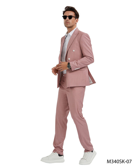 Pink Pinstriped Double Breasted Peak Lapel 2 Piece Skinny Fit Tazzio Men's Suit