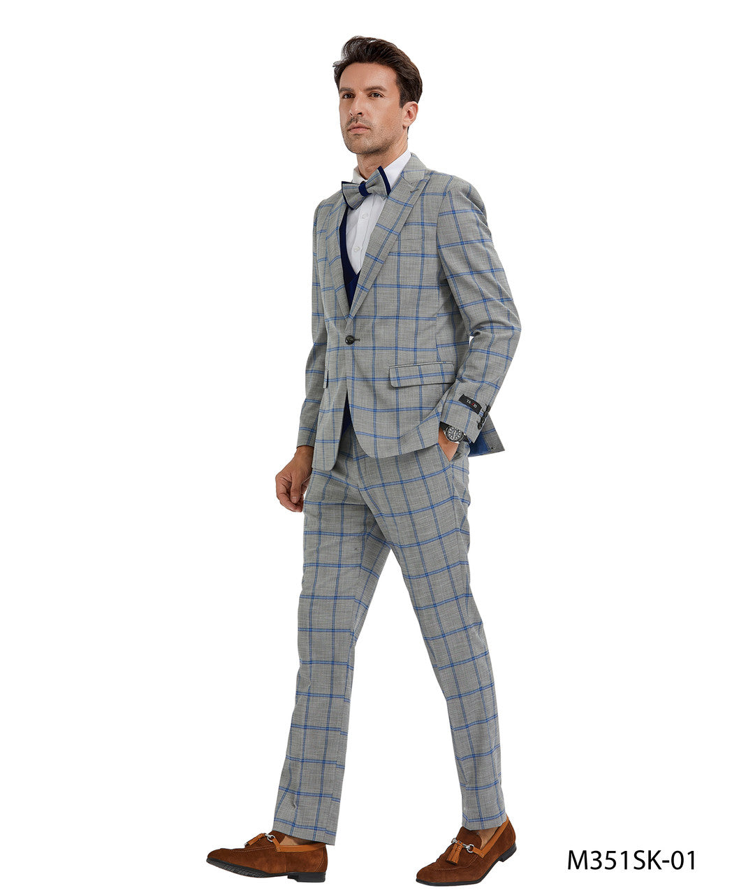 Grey/Blue Plaid Double Breasted Vest Peak Lapel 3 Piece Skinny Fit Tazzio Men's Suit With Bowtie