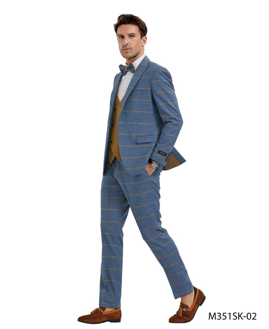 Blue/Gold Plaid Double Breasted Vest Peak Lapel 3 Piece Skinny Fit Tazzio Men's Suit With Bowtie