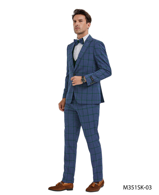 Blue/Green Plaid Double Breasted Vest Peak Lapel 3 Piece Skinny Fit Tazzio Men's Suit With Bowtie