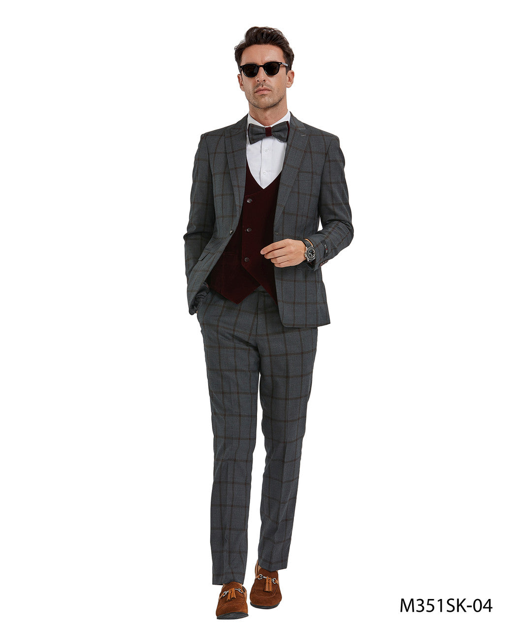 Charcoal/Burgundy Plaid Double Breasted Vest Peak Lapel 3 Piece Skinny Fit Tazzio Men's Suit With Bowtie