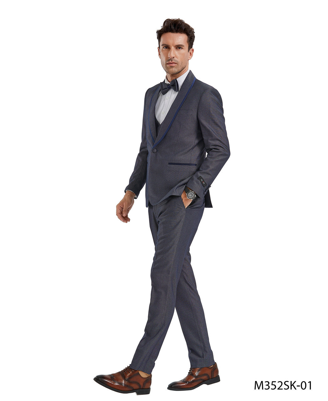 Grey/Navy Double Breasted Vest Shawl Lapel 3 Piece Skinny Fit Tazzio Men's Suit With Bowtie