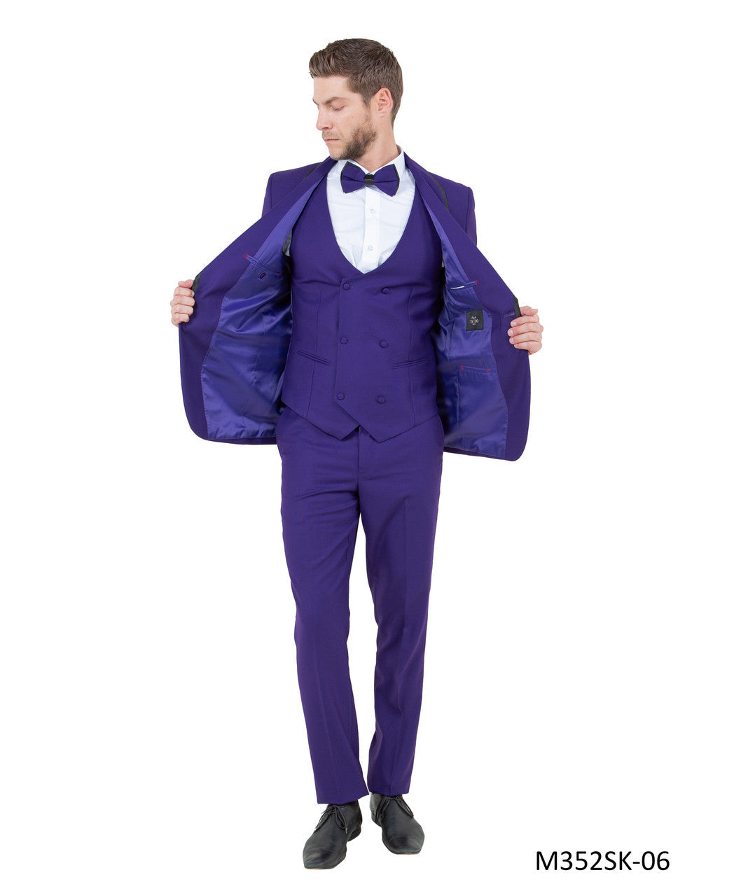 Purple Double Breasted Vest Shawl Lapel 3 Piece Skinny Fit Tazzio Men's Suit With Bowtie