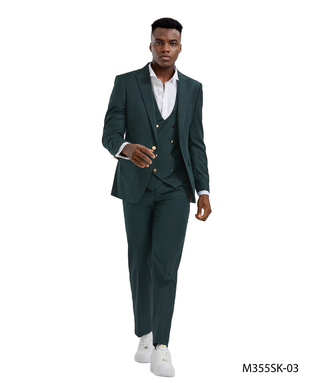 Green Double Breasted Vest Gold Buttons Peak Lapel 3 Piece Skinny Fit Tazzio Men's Suit