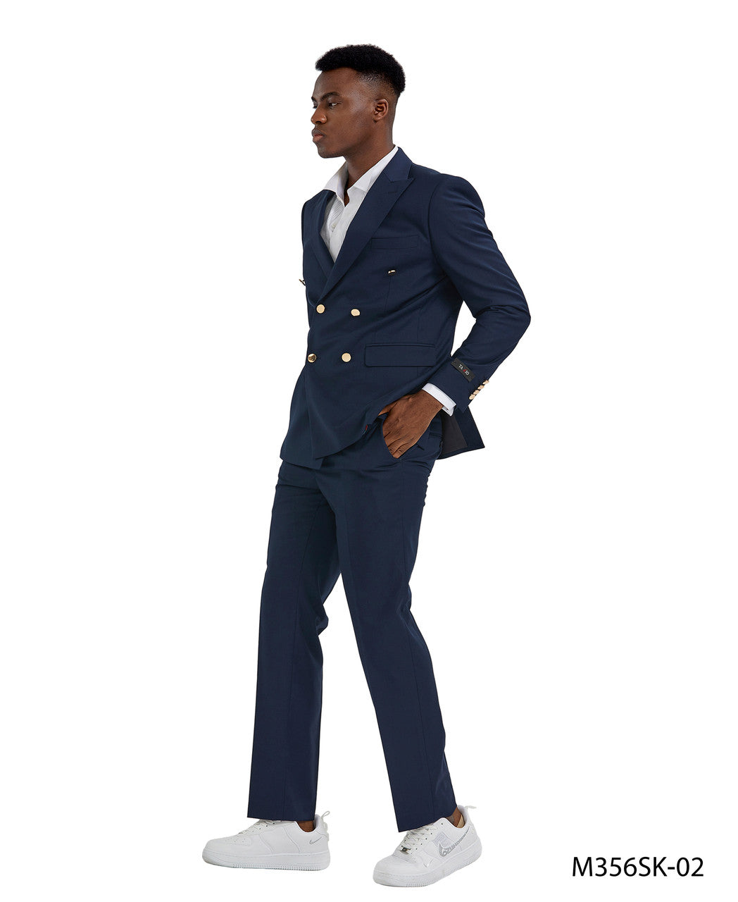 Navy Double Breasted Gold Buttons Peak Lapel  2 Piece Skinny Fit Tazzio Men's Suit