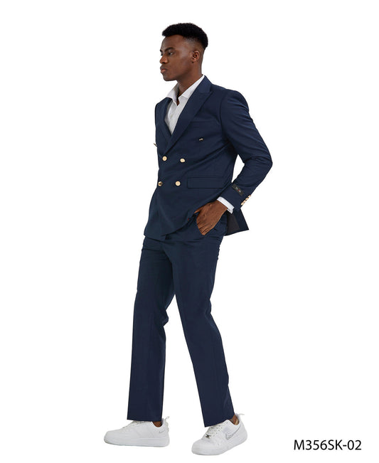 Navy Double Breasted Gold Buttons Peak Lapel  2 Piece Skinny Fit Tazzio Men's Suit