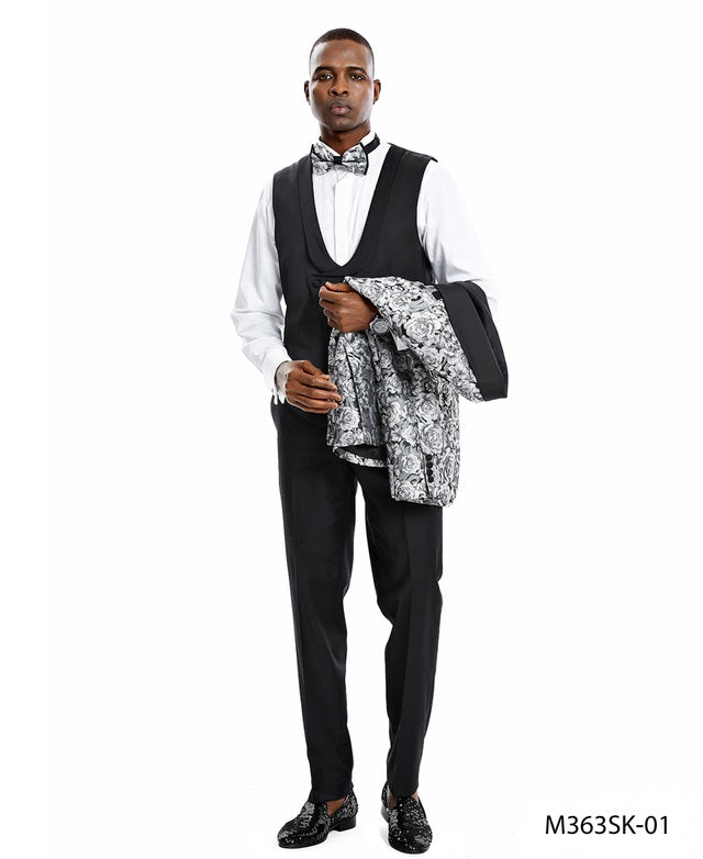 Silver/Black Paisley Double Breasted Vest Wide Shawl Lapel 3 Piece Skinny Fit Tazzio Men's Suit With Matching BowTie