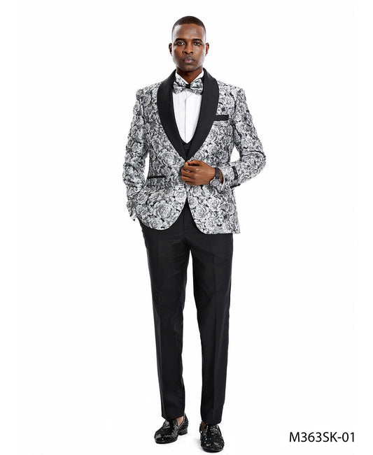 Silver/Black Paisley Double Breasted Vest Wide Shawl Lapel 3 Piece Skinny Fit Tazzio Men's Suit With Matching BowTie