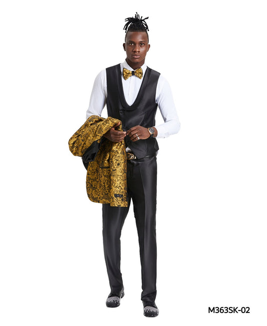 Gold/Black Paisley Double Breasted Vest Wide Shawl Lapel 3 Piece Skinny Fit Tazzio Men's Suit With Matching BowTie