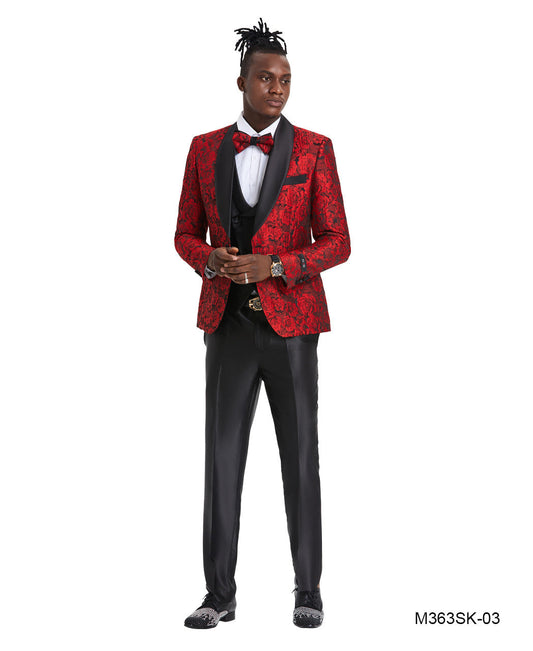 Red/Black Paisley Double Breasted Vest Wide Shawl Lapel 3 Piece Skinny Fit Tazzio Men's Suit With Matching BowTie