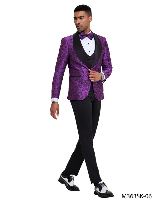 Purple/Black Paisley Double Breasted Vest Wide Shawl Lapel 3 Piece Skinny Fit Tazzio Men's Suit With Matching BowTie