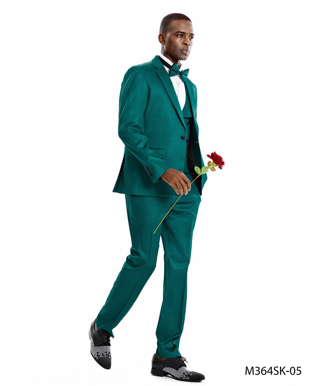 Emerald Green/Black Polka Dot Double Breasted Vest 3 Piece Notch Lapel Skinny Fit Tazzio Men's Suit With Matching BowTie