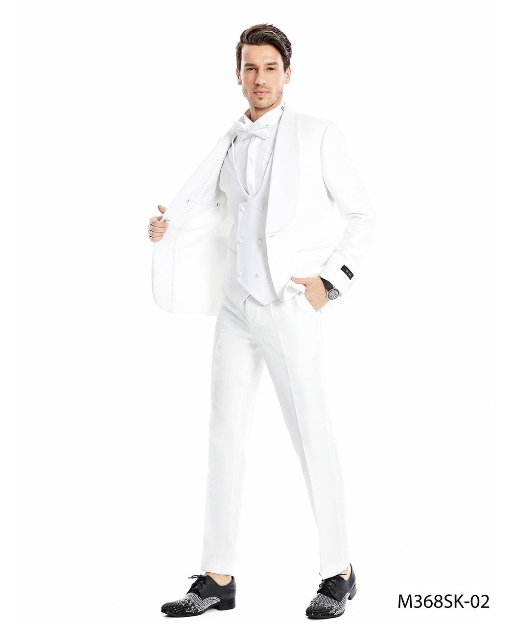 White Wide Shawl Lapel Double Breasted Vest 3 Piece Skinny Fit Tazzio Men's Suit With Matching Bowtie