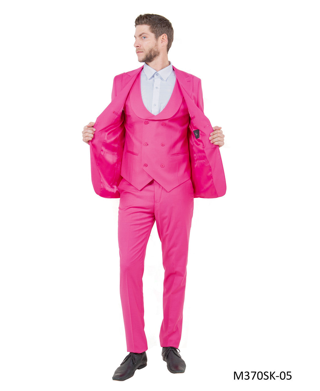 Fuchsia Double Breasted Vest Peak Lapel 3 Piece Skinny Fit Tazzio Men's Suit