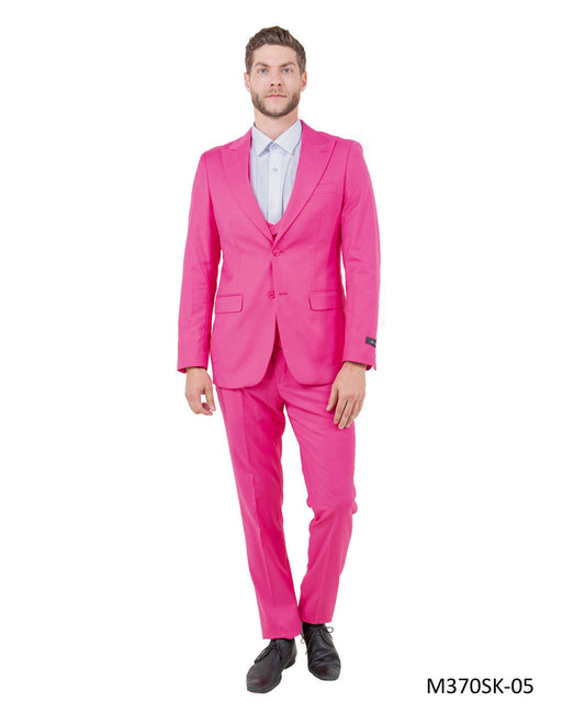 Fuchsia Double Breasted Vest Peak Lapel 3 Piece Skinny Fit Tazzio Men's Suit