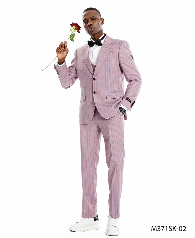 Dusty Rose Pinstriped Double Breasted Vest Peak Lapel 3 Piece Skinny Fit Tazzio Men's Suit