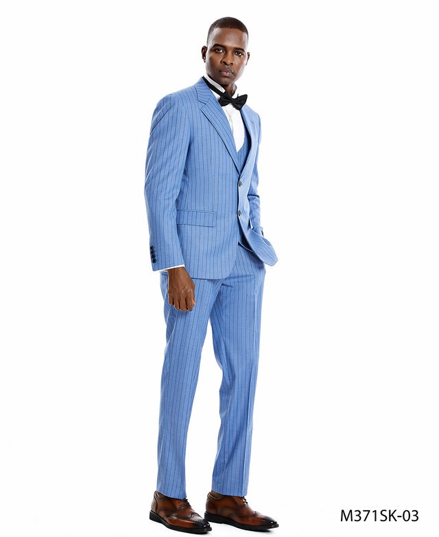 Smoke Blue Pinstriped Double Breasted Vest Peak Lapel 3 Piece Skinny Fit Tazzio Men's Suit