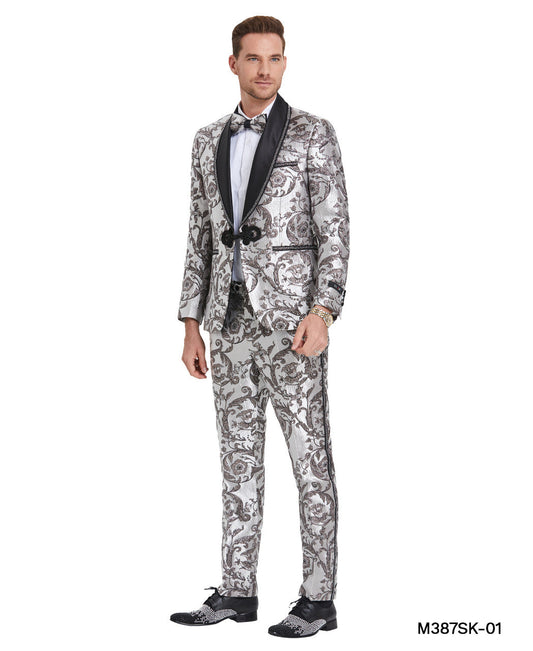 Multi Silver Paisley Satin Shawl Lapel 2 Piece Skinny Fit Tazzio Men's Suit With Matching Bowtie