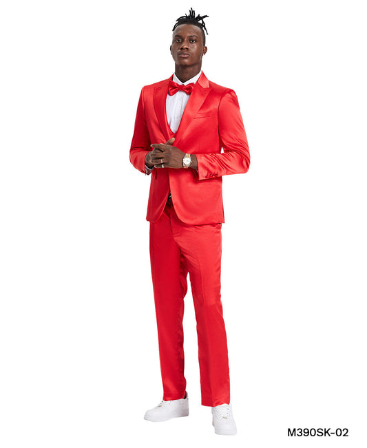 Red Satin Texture Double Breasted Vest Peak Lapel 3 Piece Skinny Fit Tazzio Men's Suit With Matching Bowtie