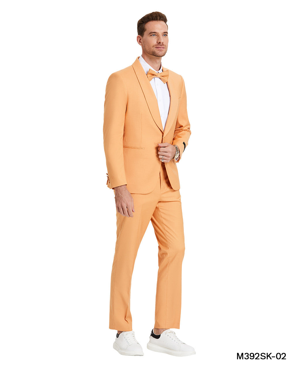 Solid Tangerine Wide Shawl Lapel 2 Piece Skinny Fit Tazzio Men's Suit With Matching Bowtie