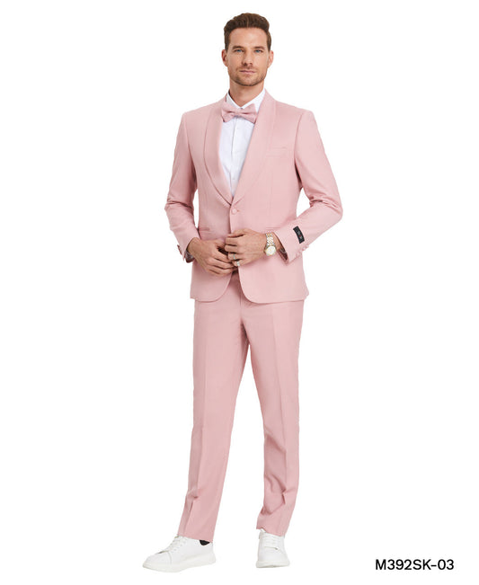 Solid Dusty Rose Wide Shawl Lapel 2 Piece Skinny Fit Tazzio Men's Suit With Matching Bowtie