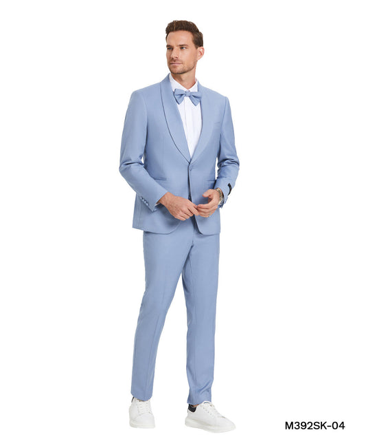 Solid Beau Blue Wide Shawl Lapel 2 Piece Skinny Fit Tazzio Men's Suit With Matching Bowtie