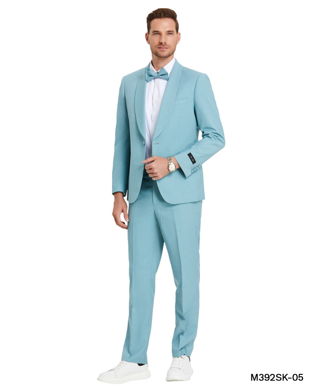 Solid Celeste Blue Wide Shawl Lapel 2 Piece Skinny Fit Tazzio Men's Suit With Matching Bowtie