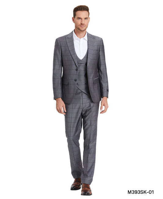 Gunmetal Windowpane Double Breasted Vest Peak Lapel 3 Piece Skinny Fit Tazzio Men's Suit