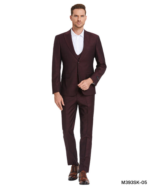 Wine Windowpane Double Breasted Vest Peak Lapel 3 Piece Skinny Fit Tazzio Men's Suit