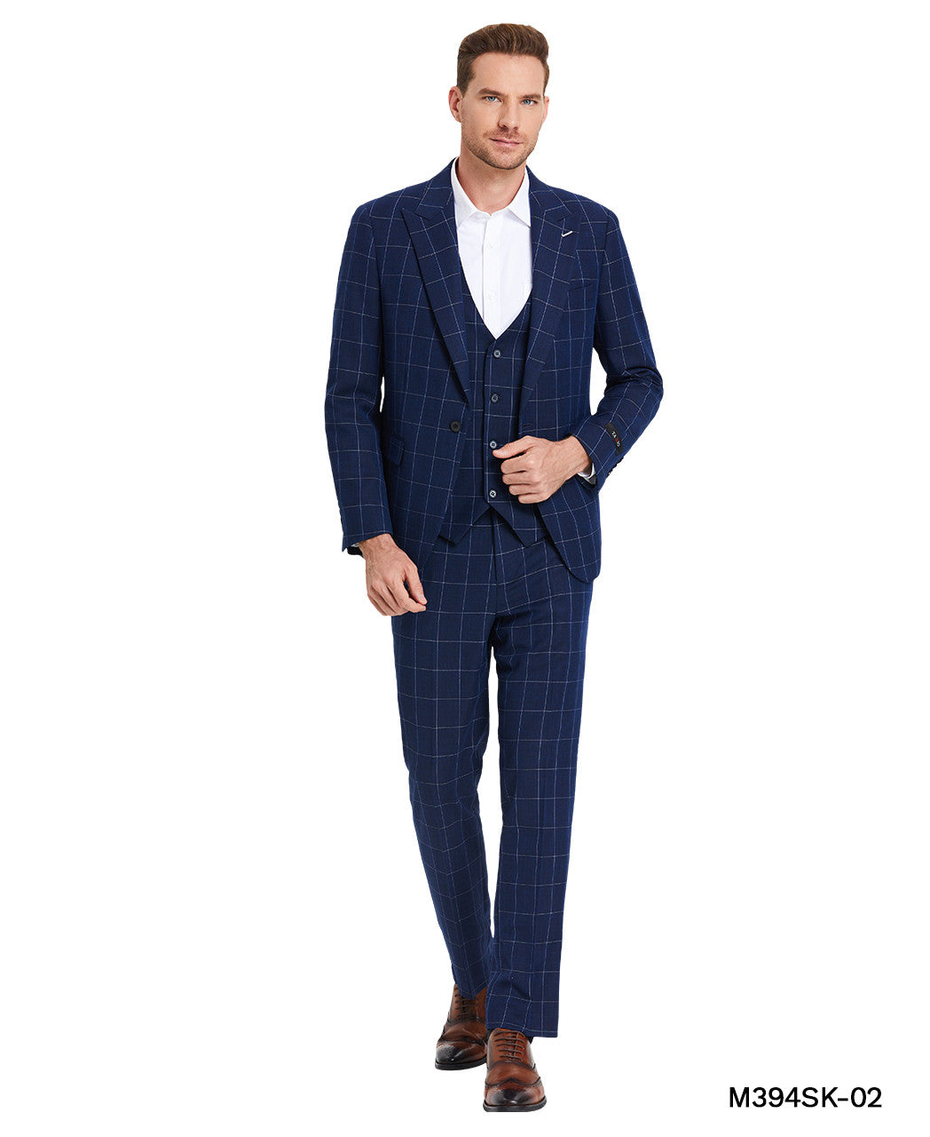 Blue Windowpane Wide Peak Lapel 3 Piece Skinny Fit Tazzio Men's Suit