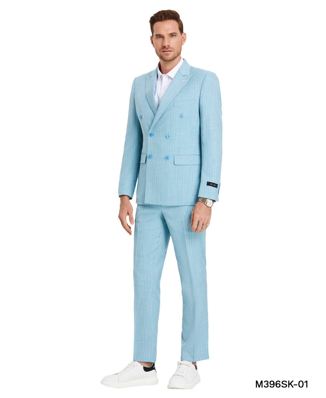 Teal Double Breasted  Pinstriped Wide Peak Lapel 2 Piece Skinny Fit Tazzio Men's Suit