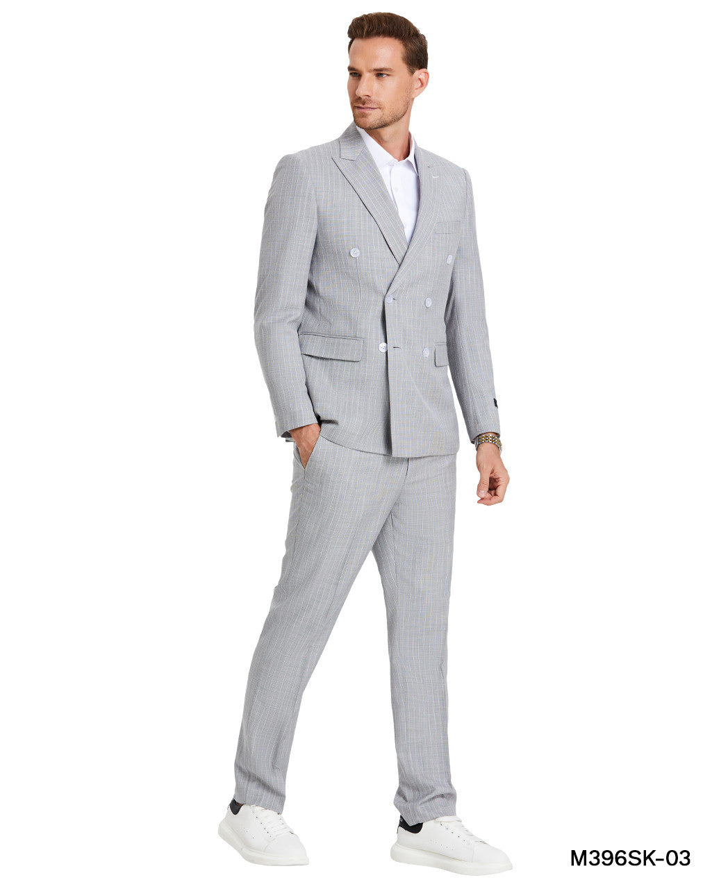 Light Grey Double Breasted Pinstriped Wide Peak Lapel 2 Piece Skinny Fit Tazzio Men's Suit