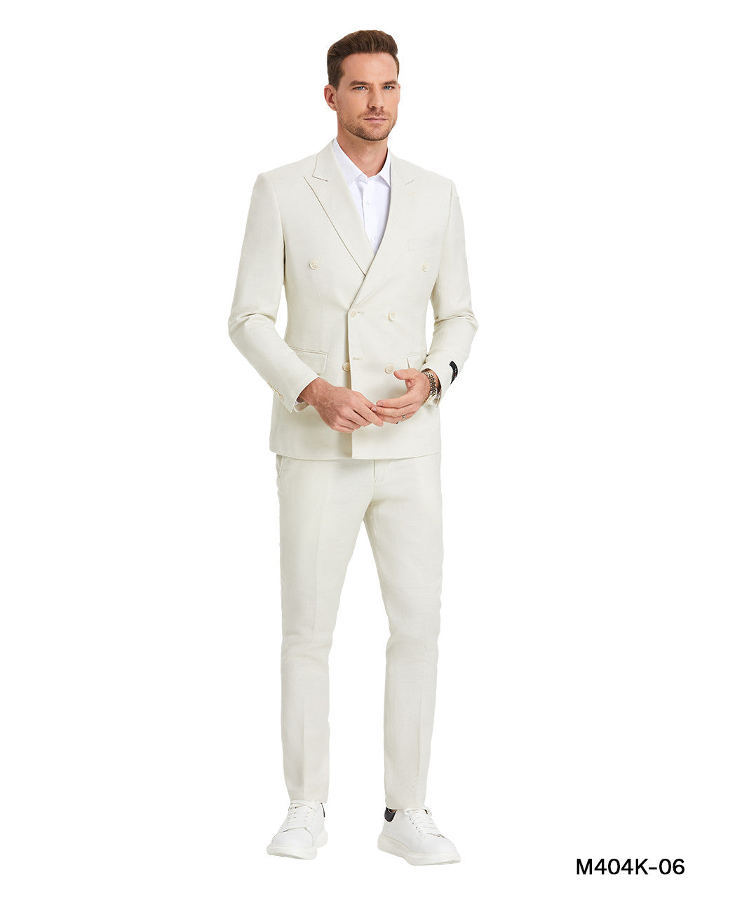 Ivory Linen Double Breasted Peak Lapel 2 Piece Skinny Fit Sean Alexander Men's Suit